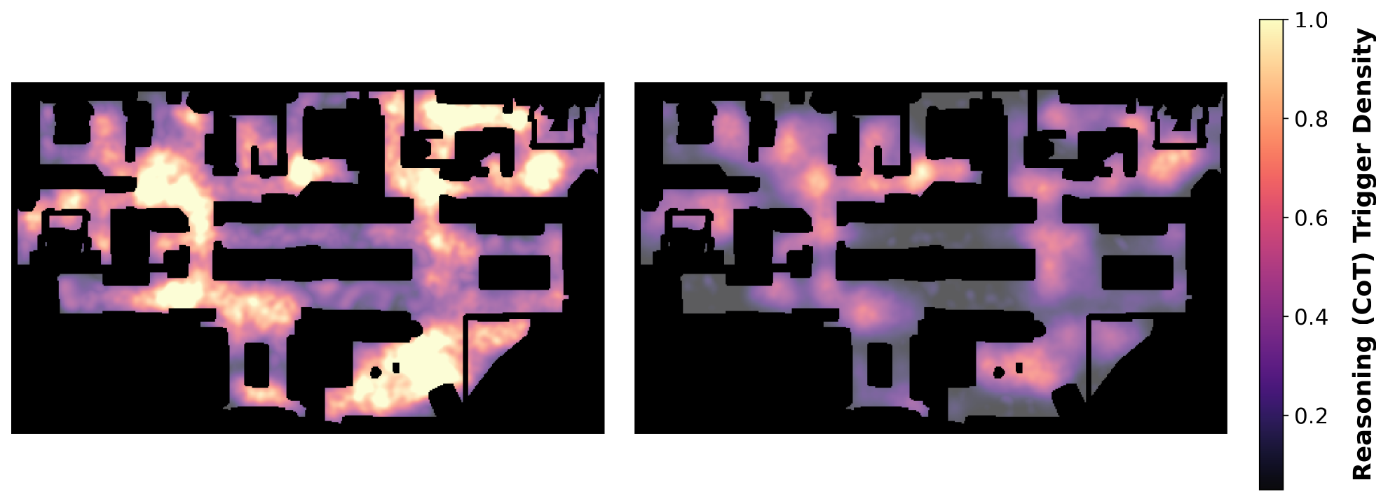 Spatial heatmaps comparing diffuse SFT reasoning triggers on the left with selective RL-aligned triggers on the right